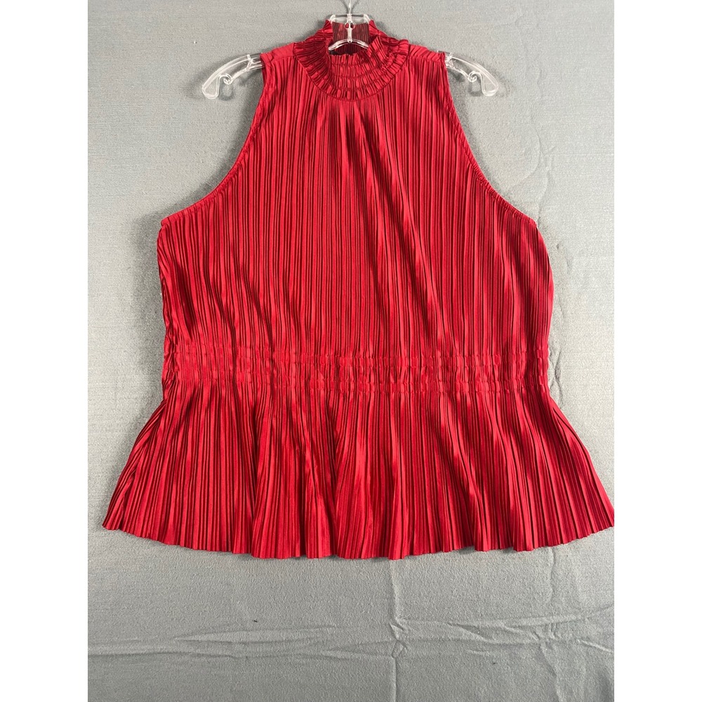 Eloquii Red Pleated Mock Neck Blouse Top Size 22/24 Sleeveless Satin Holiday
